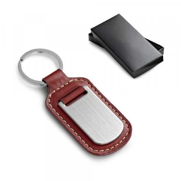 Porte-clés métal gravé et simili-cuir marron "STAN"