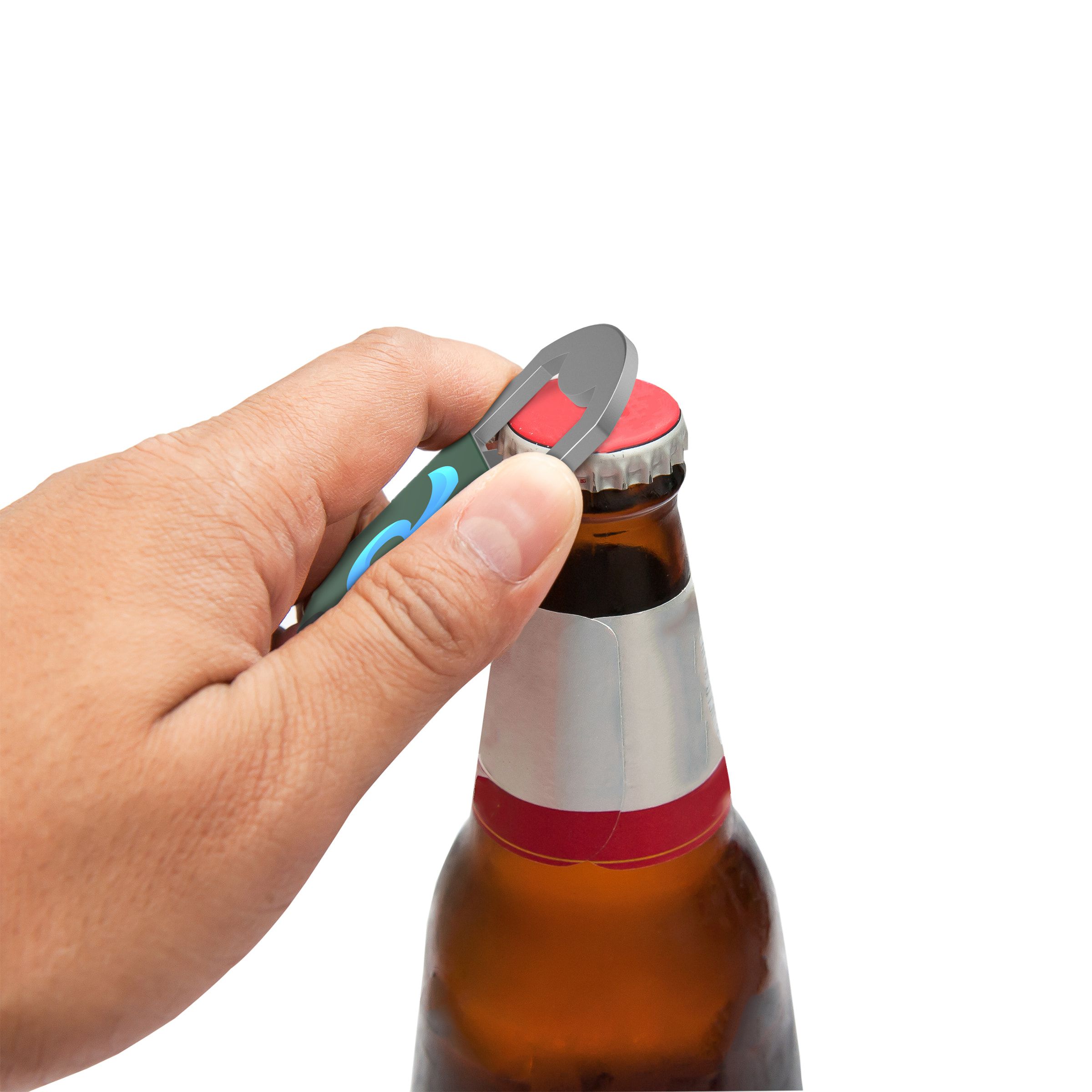 ouvrir une bouteille avec un porte-clés décapsuleur personnalisé sur porte-cles.fr
